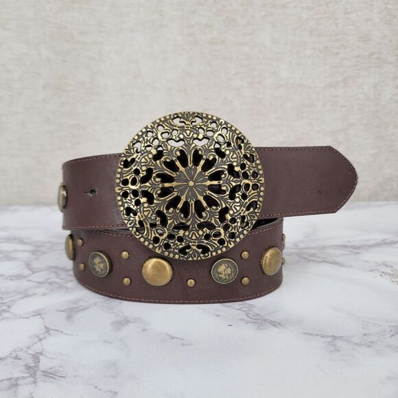 None Accessories - Brown Leather Belt with Studded Coin Accents Medalion Buckle Boho Western